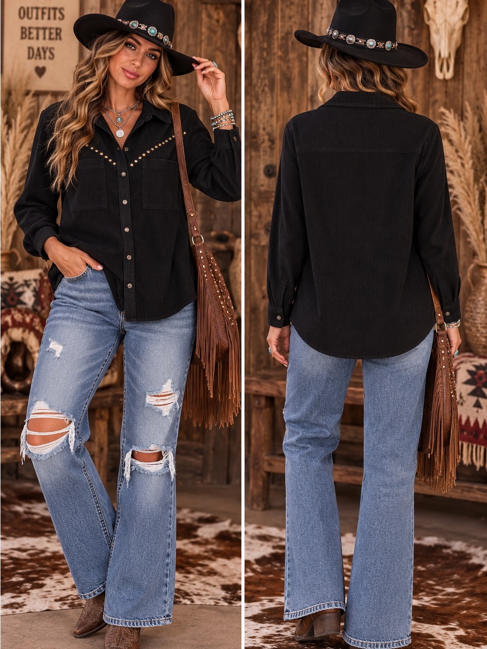 Amazon Black Corduroy Button-Down Shirt with Gold Stud Accents - Picture 2 of 7